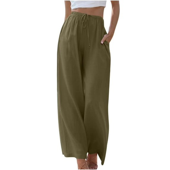 VSSSJ Women's Cotton and Linen Long Pants Relaxed Fit Solid Color Elastic Waist Drawstring Wide Leg Trousers Casual Comfortable Soft Yoga Pants Army Green02 L