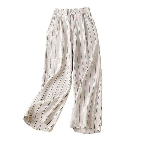 VSSSJ Women's Cotton Linen Suit Pants Relaxed Striped Print High Waist Straight Wide Leg Pants Fashion Commuting Business Dress Pants Beige XL