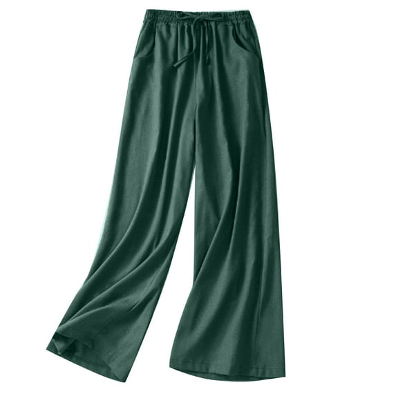 VSSSJ Women's Cotton and Linen Wide Leg Pants Oversized Fit Solid Color Elastic Waist Pocket Straight Pants Comfort Breathable Home Trousers Green XXL