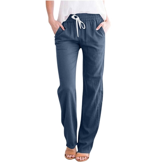 VSSSJ Women's Cotton and Linen Wide Leg Trousers Loose Fit Drawstring High Waist Solid Color Straight Sweatpants Daily Baggy Casual Pant with Pockets Navy XXXL