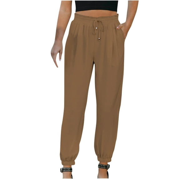 VSSSJ Women's Cotton and Linen Pants Regular Fit Solid Color Drawstring Elastic Waist Straight Long Pants Casual Comfortable Soft Trousers Brown L