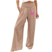 VSSSJ Women's Cotton and Linen Wide Leg Pants Regular Fit Fashion Print High Waist Straight Yoga Pants Casual Comfy Lightweight Trousers Pink L