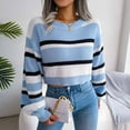 thumbnail image 1 of VSSSJ Women's Crew Neck Casual Striped Color Block Cropped Sweaters Lantern Long Sleeve Loose Waffle Knit Crop Pullover Sweater Blue L, 1 of 8