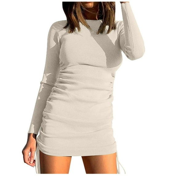VSSSJ Women's Crewneck Long Sleeve Ruched Slim Ribbed Basic T-Shirt Dresses Solid Color Side Drawstring Lace-Up Bodycon Mini Dress Beige L