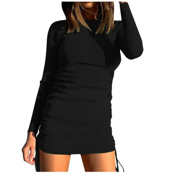 VSSSJ Women's Crewneck Long Sleeve Ruched Slim Ribbed Basic T-Shirt Dresses Solid Color Side Drawstring Lace-Up Bodycon Mini Dress Black S