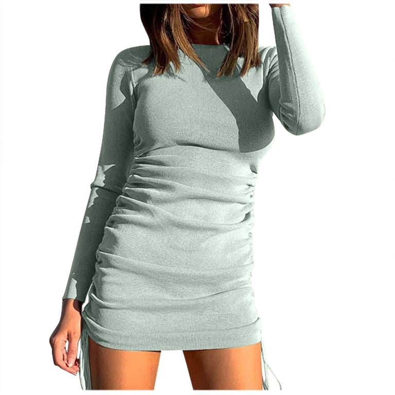 Vsssj Women's Crewneck Long Sleeve Ruched Slim Ribbed Basic T-Shirt Dresses Solid Color Side Drawstring Lace-Up Bodycon Mini Dress Green L