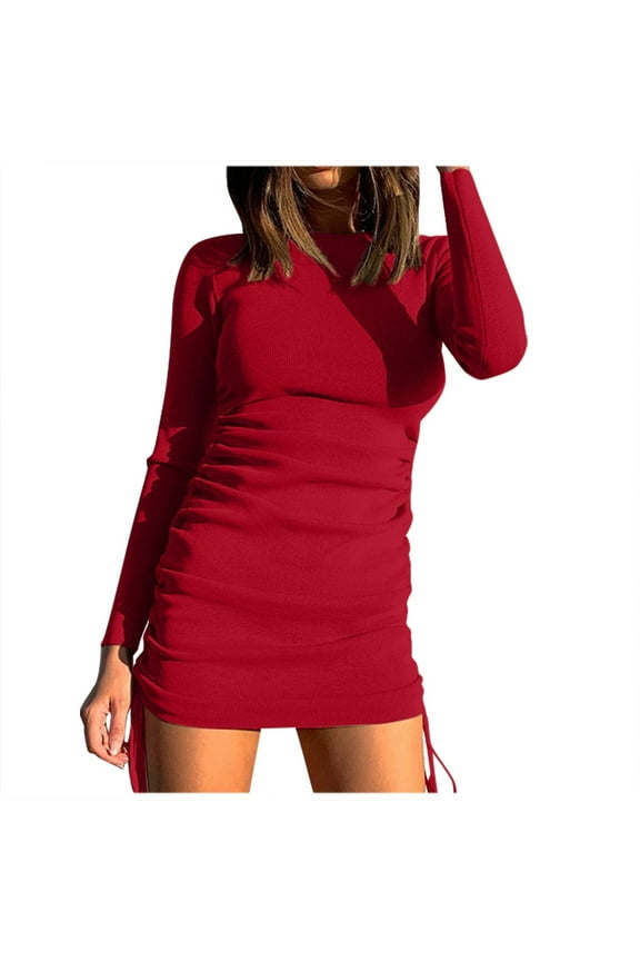 Women's Crewneck Long Sleeve Ruched Slim Ribbed Basic T-Shirt Dresses Solid Color Side Drawstring Lace-Up Bodycon Mini Dress Red L