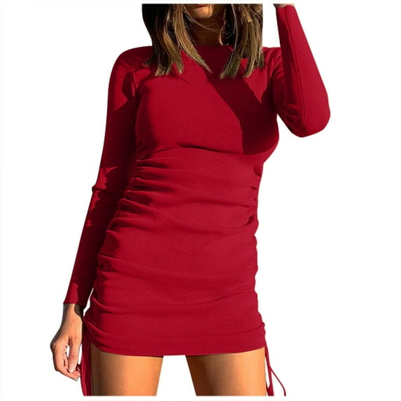 VSSSJ Women's Crewneck Long Sleeve Ruched Slim Ribbed Basic T-Shirt Dresses Solid Color Side Drawstring Lace-Up Bodycon Mini Dress Red M