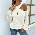 thumbnail image 1 of VSSSJ Women's Crisscross V Neck Off Should Sweaters Lantern Long Sleeve Casual Loose Solid Color Cutout Knitted Pullover Sweater White S, 1 of 5