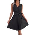 thumbnail image 1 of VSSSJ Women's Cross V Neck Sleeveless Tunic Mini Pleated Dresses Solid Color Belted Slim Elegant A-Line Swing Summer Short Dress Black S, 1 of 7