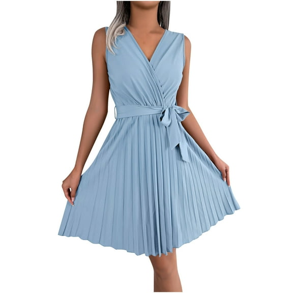 VSSSJ Women's Cross V Neck Sleeveless Tunic Mini Pleated Dresses Solid Color Belted Slim Elegant A-Line Swing Summer Short Dress Blue M