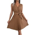 thumbnail image 1 of VSSSJ Women's Cross V Neck Sleeveless Tunic Mini Pleated Dresses Solid Color Belted Slim Elegant A-Line Swing Summer Short Dress Khaki L, 1 of 7