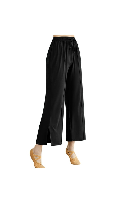 Women's Dance Yoga Pants Regular Fit Solid Color Drawstring Elastic Waist Wide Leg Long Pants Leisure Stylish Gym Workout Trousers Black L