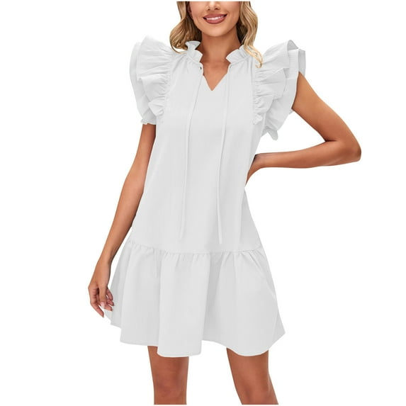 VSSSJ Women's Double Layer Ruffle Short Sleeve V Neck Tassel Mini Dress Solid Color Ruffle Hem Loose Swing Summer Casual Short Dress