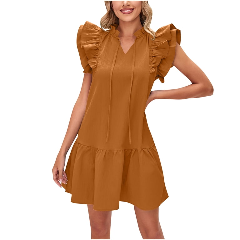 knee length dresses for ladies Khaki Ruffle Lantern Sleeve Summer Dress main image 1