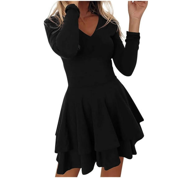 VSSSJ Women's Dresses Fall Long Sleeve Ruched Layered Tunic Mini Dress Simple Basic V Neck Solid Color Swing Ruffle A-Line Dress Black L