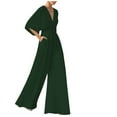 thumbnail image 1 of VSSSJ Women's Elegent Jumpsuits Slim Fit Solid Color V-Neck Short Sleeve Wide Leg Romper Jumpsuit Fashion Wedding Party Jumpsuit with Pocket Green XL, 1 of 6
