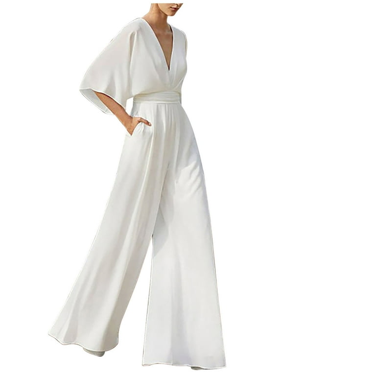 all white party dresses and jumpsuits Stunning African Women's White White formal jumpsuit with Pockets, Deep V-Neck, and Cape Sleeves