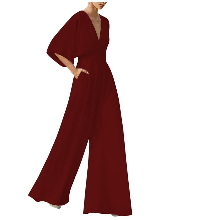 VSSSJ Women's Elegent Jumpsuits Slim Fit Solid Color V-Neck