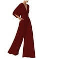 thumbnail image 1 of VSSSJ Women's Elegent Jumpsuits Slim Fit Solid Color V-Neck Short Sleeve Wide Leg Romper Jumpsuit Fashion Wedding Party Jumpsuit with Pocket Wine M, 1 of 6