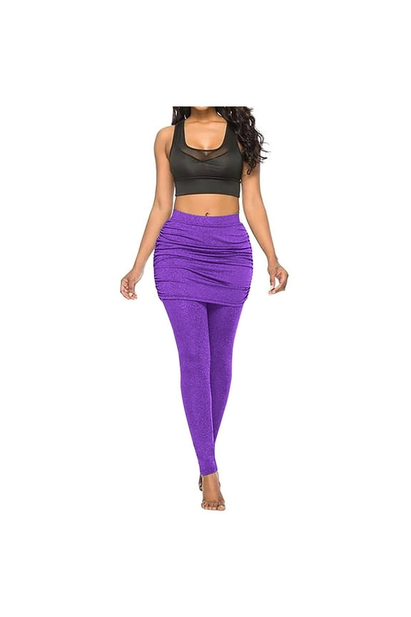 Women's Fake Two Piece Pants Slim Fit Solid Color Elastic Waist Double Side Velvet Wrap-Around Skirt Leggings Casual Fashionable Workout Trousers Purple L