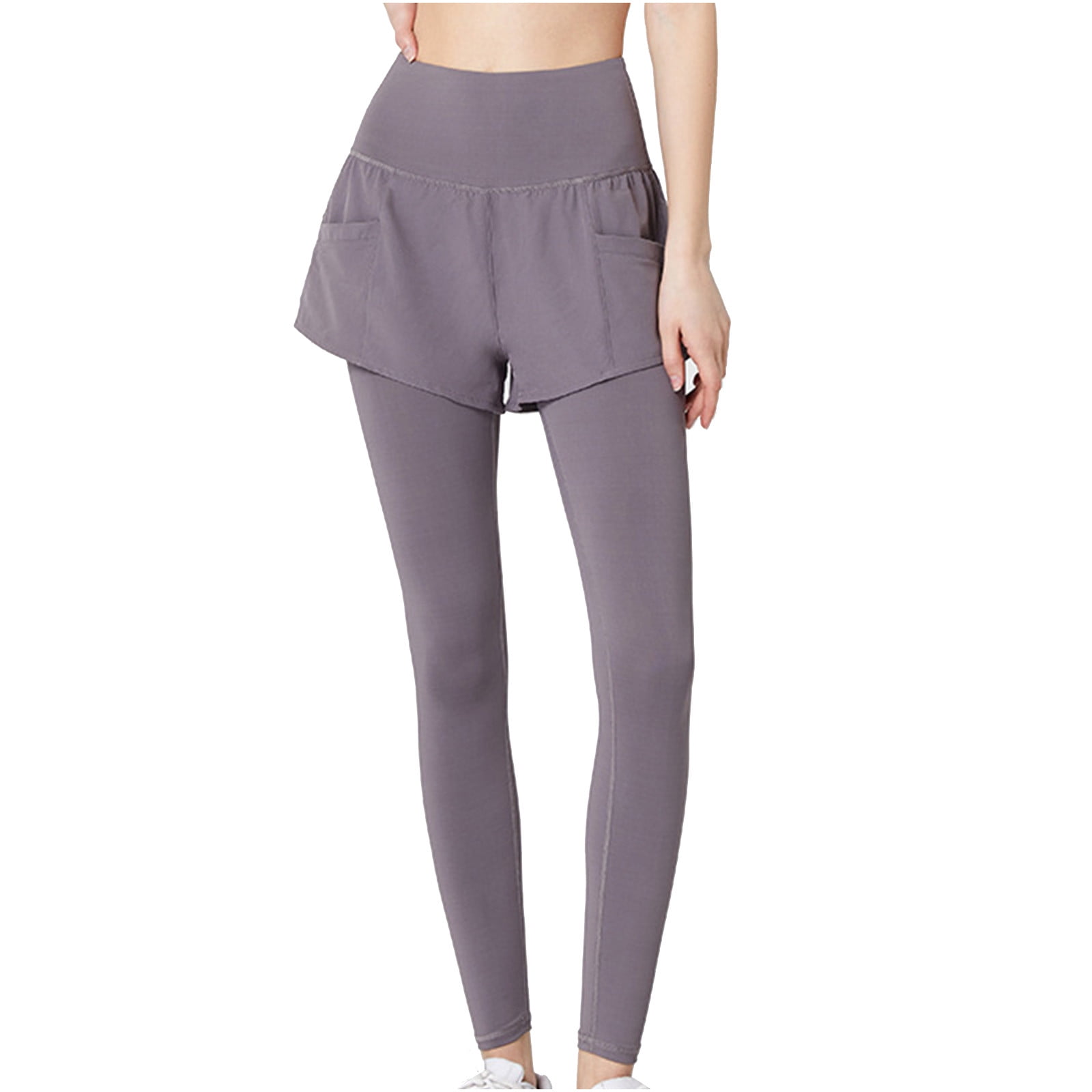 Pure color fake two-piece pocket leggings
