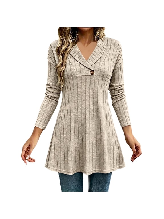 Women's Fall Ribbed Textured Casual Pullover Blouse Long Sleeve V Neck Collared Button Loose Mid Length Tunic Tops Shirt Khaki XL