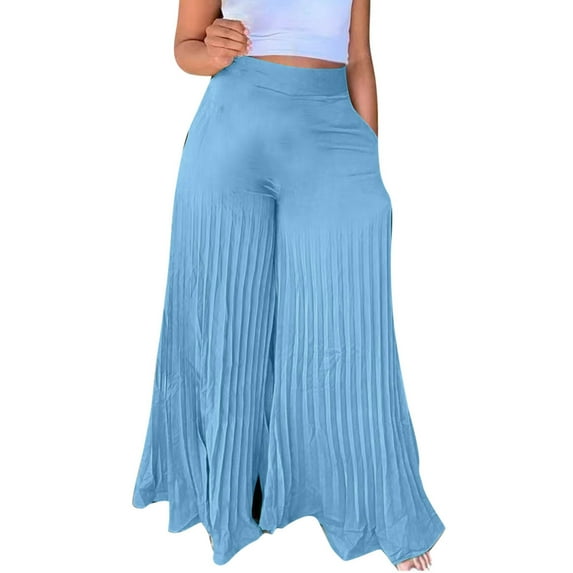 VSSSJ Women's Fashion Wide Leg Trousers Relaxed Fit Solid Color High Waist Chiffon Pockets Double Layer Crinkle Pants Casual Stylish Comfortable Long Pants Sky Blue XXL