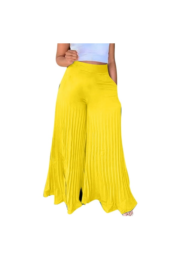 Women's Fashion Wide Leg Trousers Relaxed Fit Solid Color High Waist Chiffon Pockets Double Layer Crinkle Pants Casual Stylish Comfortable Long Pants Yellow S