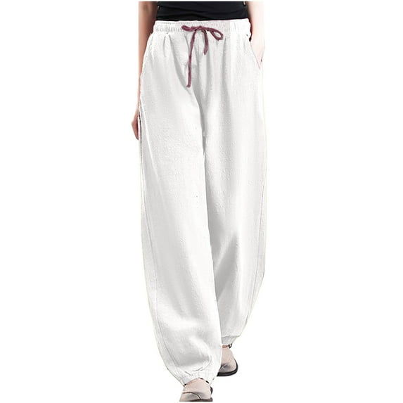 VSSSJ Women's Fashionable Pants Relaxed Solid Color Drawstring Elastic Waist Long Pants with Pocket Casual Baggy Street Style Sweatpants White XXXXL