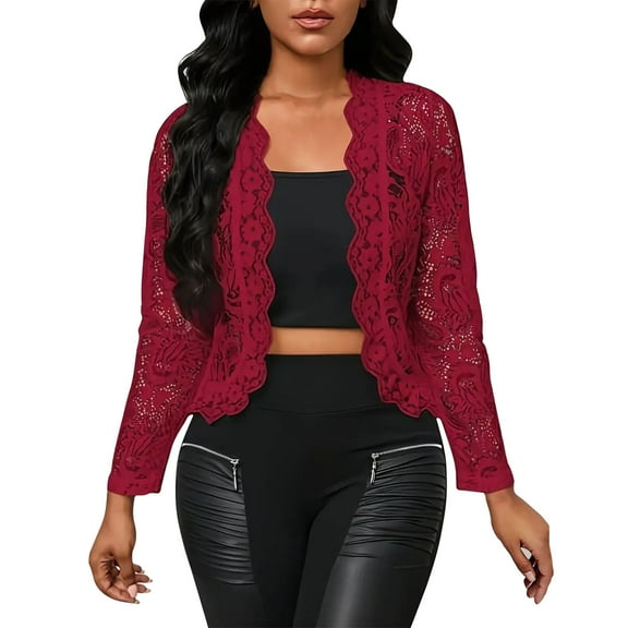VSSSJ Women's Floral Lace Cardigan Long Sleeve Open Front Slim Fit Elegant Cardigan Tops Blouse Wine M