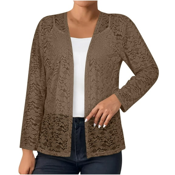 VSSSJ Women's Floral Lace Shrug Cardigan Long Sleeve Crochet Open Front Sheer Casual Dressy Elegant Cardigan Blouse Tops Khaki XL