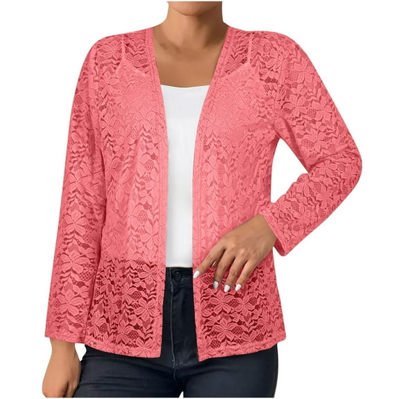 VSSSJ Women's Floral Lace Shrug Cardigan Long Sleeve Crochet Open Front Sheer Casual Dressy Elegant Cardigan Blouse Tops Watermelon Red L