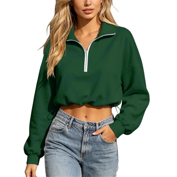 VSSSJ Women's Half Zip Cropped Sweatshirts Loose Long Sleeve Drop Shoulder Pullover Sweatshirt Lightweight Trendy Workout Crop Tops Green XXL