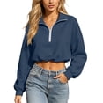thumbnail image 1 of VSSSJ Women's Half Zip Cropped Sweatshirts Loose Long Sleeve Drop Shoulder Pullover Sweatshirt Lightweight Trendy Workout Crop Tops Navy M, 1 of 8