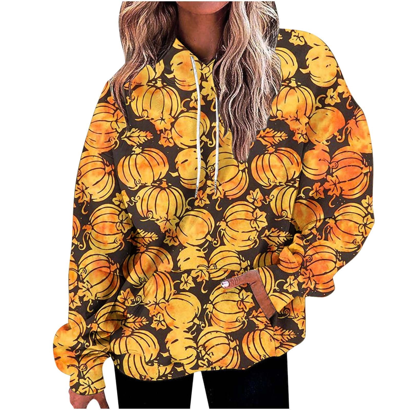 VSSSJ Women's Halloween Casual Hoodies Crew Neck Pumpkin Printed Oversized Long Sleeve Hooded