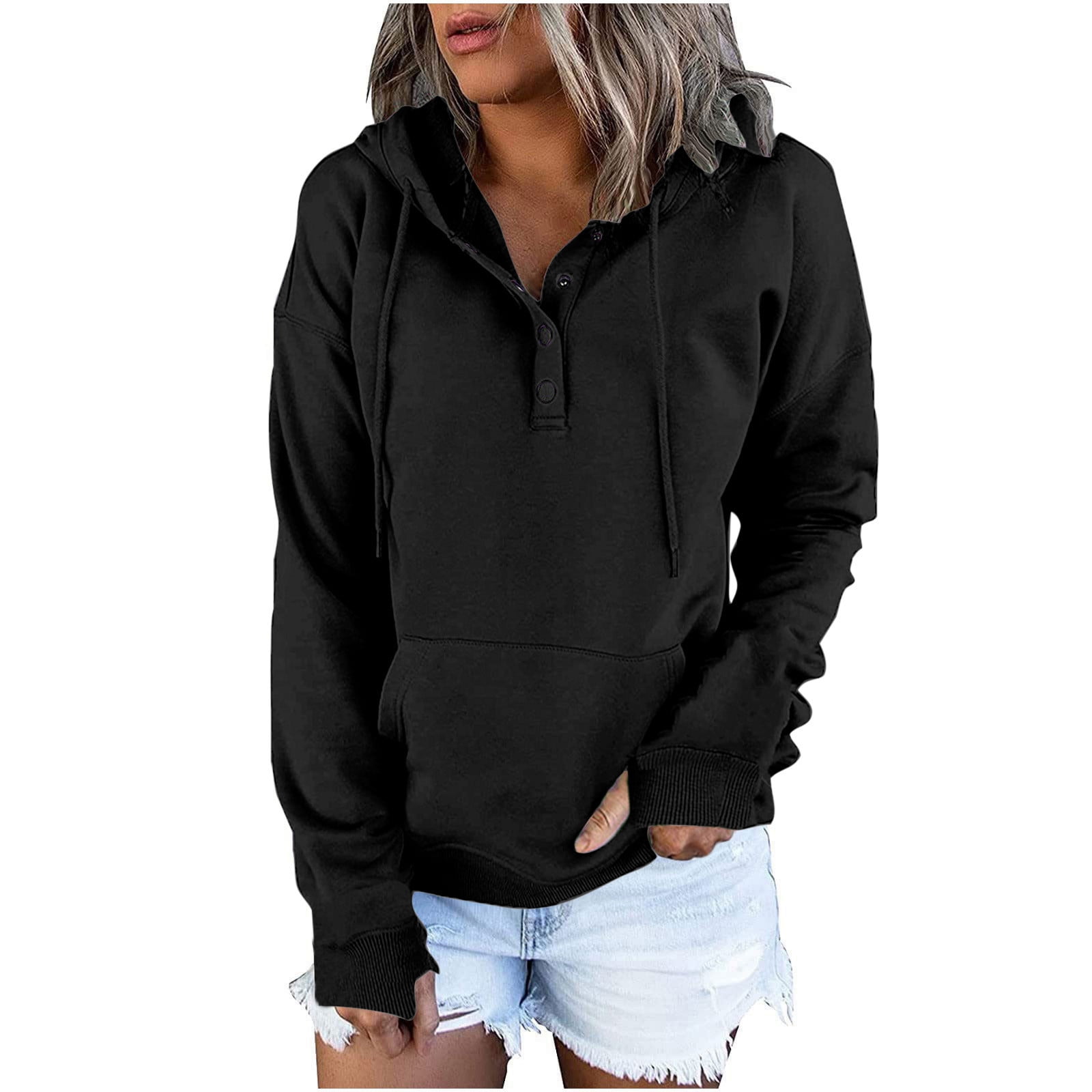 VSSSJ Women's Hoodies Casual Solid Color Long Sleeve Comfy Pullover Fall  Button Drawstring Pockets Loose Sweatshirts with Thumb Holes Coffee XL 