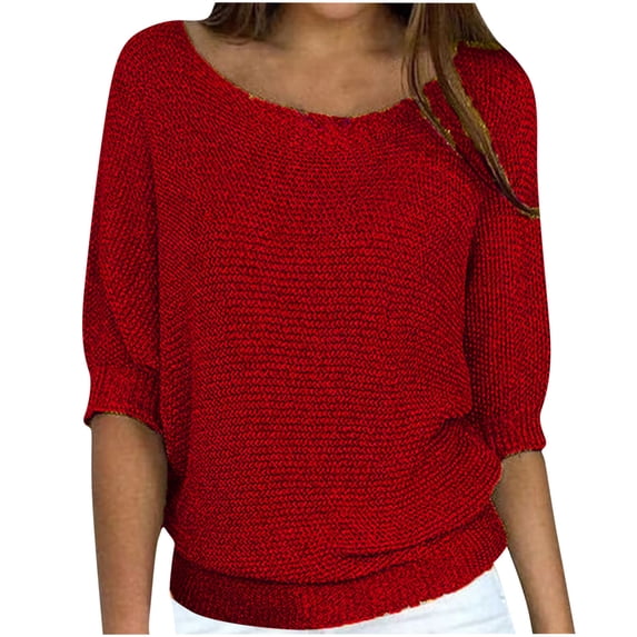VSSSJ Women's Knitted Tops Plus Size Solid Color Round Neck 3/4 Sleeve Shirt Blouse Fashion Elegant Comfort Commuting Pullover Shirts Red XXL