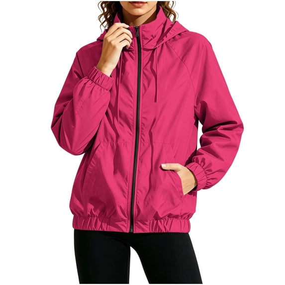 VSSSJ Women's Lightweight Windbreaker Jacket Full Zip Outdoor Hiking Long Sleeve Collar Waterproof Hooded Jacket with Zipper Pockets Hot Pink XXL