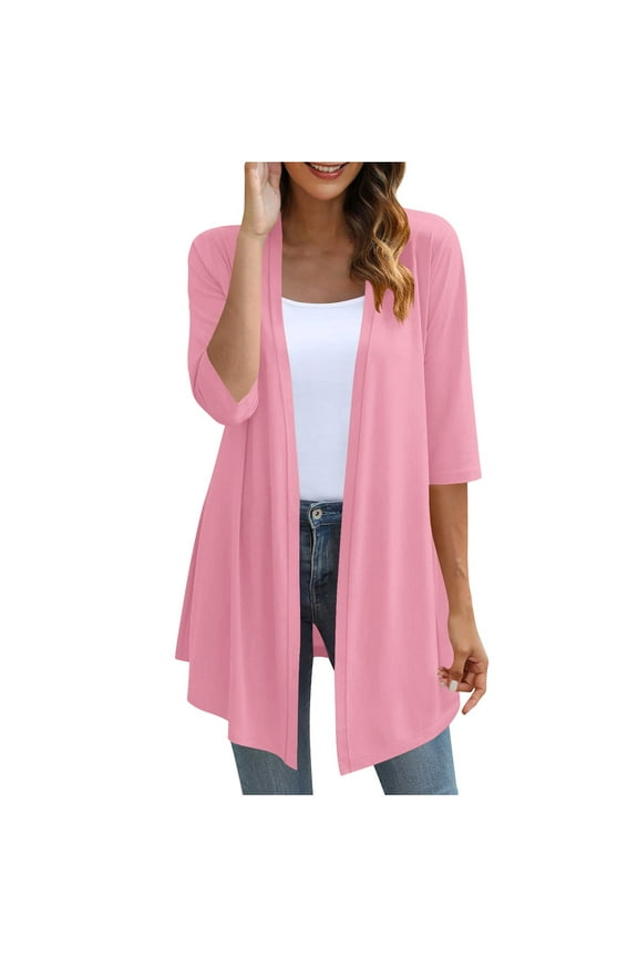 Women's Long Cardigan Summer Lightweight Open Front Casual 3/4 Sleeve Duster Loose Trendy Soft Cardigan Tops Blouse Pink XXL