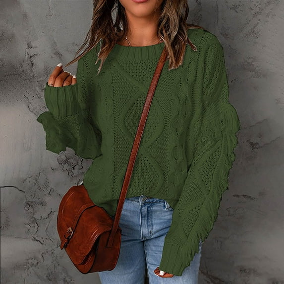 VSSSJ Women's Long Sleeve Cable Knit Tassels Fall Winter Sweater Cutout Crew Neck Solid Color Loose Warm Pullover Jumper Sweaters Army Green S