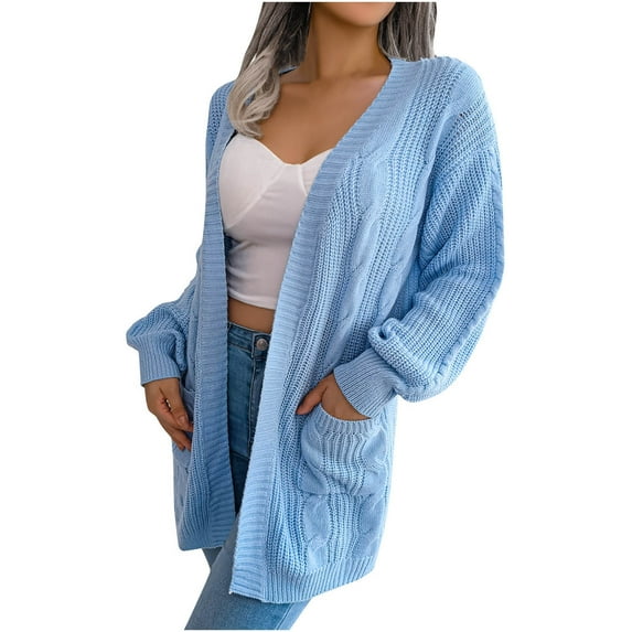 VSSSJ Women's Long Sleeve Cardigan Chunky Cable Knit Draped Solid Color Casual Open Front Fall Winter Sweater Coat with Pockets Blue S