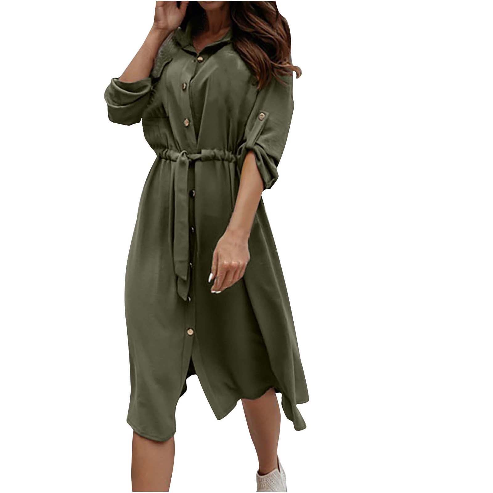 VSSSJ Women s Long Sleeve Casual Shirt Dresses Turndown Collar Solid Color Button Down Split Tie Waist Midi Loose Leisure Dress Army Green XXL