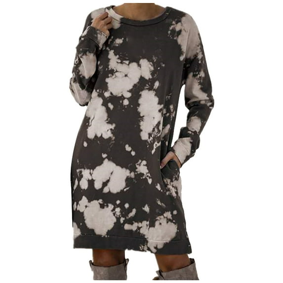 VSSSJ Women's Long Sleeve Casual Tie-Dyed Printed Sweatshirt Dresses Oversized Crew Neck Loose Pockets Knee Length Pullover Dress Gray S