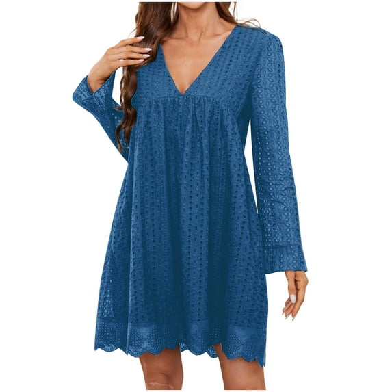 VSSSJ Women's Long Sleeve Lace Eyelet Mini Dresses Casual Loose Solid Color V Neck Pockets Above Knee Ruffle Cute Babydoll Dress Dark Blue L