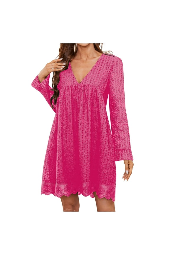 Women's Long Sleeve Lace Eyelet Mini Dresses Casual Loose Solid Color V Neck Pockets Above Knee Ruffle Cute Babydoll Dress Hot Pink M