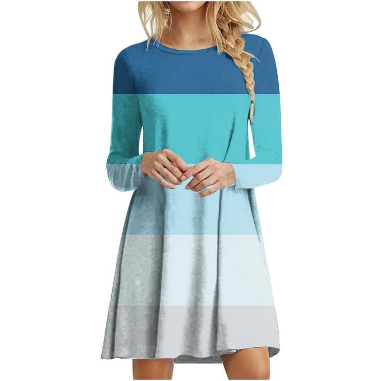 VSSSJ Women s Long Sleeve Mini Casual Shift Dresses Trendy Color Block Print Crew Neck Loose Comfy Knee Length T Shirt Short Dress Blue XXL Walmart