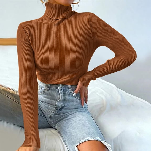 VSSSJ Women's Long Sleeve Simple Versatile Pullover Sweaters Turtleneck Slim Fit Solid Color Ribbed Knitted Classic Sweater Tops Orange S