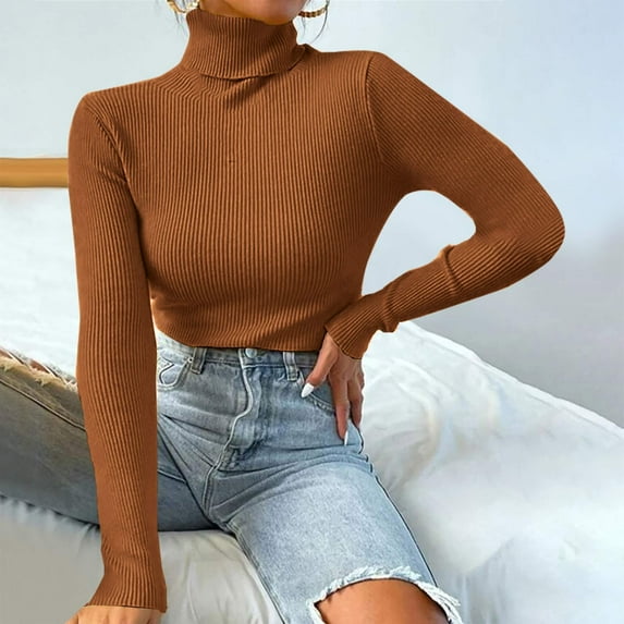 VSSSJ Women's Long Sleeve Simple Versatile Pullover Sweaters Turtleneck Slim Fit Solid Color Ribbed Knitted Classic Sweater Tops Orange XL