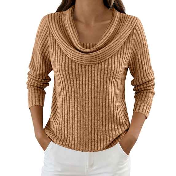 VSSSJ Women's Long Sleeve Sweaters Cowl Neck Ribbed Knit Sweater Ruched Lightweight Casual Solid Fall Winter Basic Pullover Tops Brown M